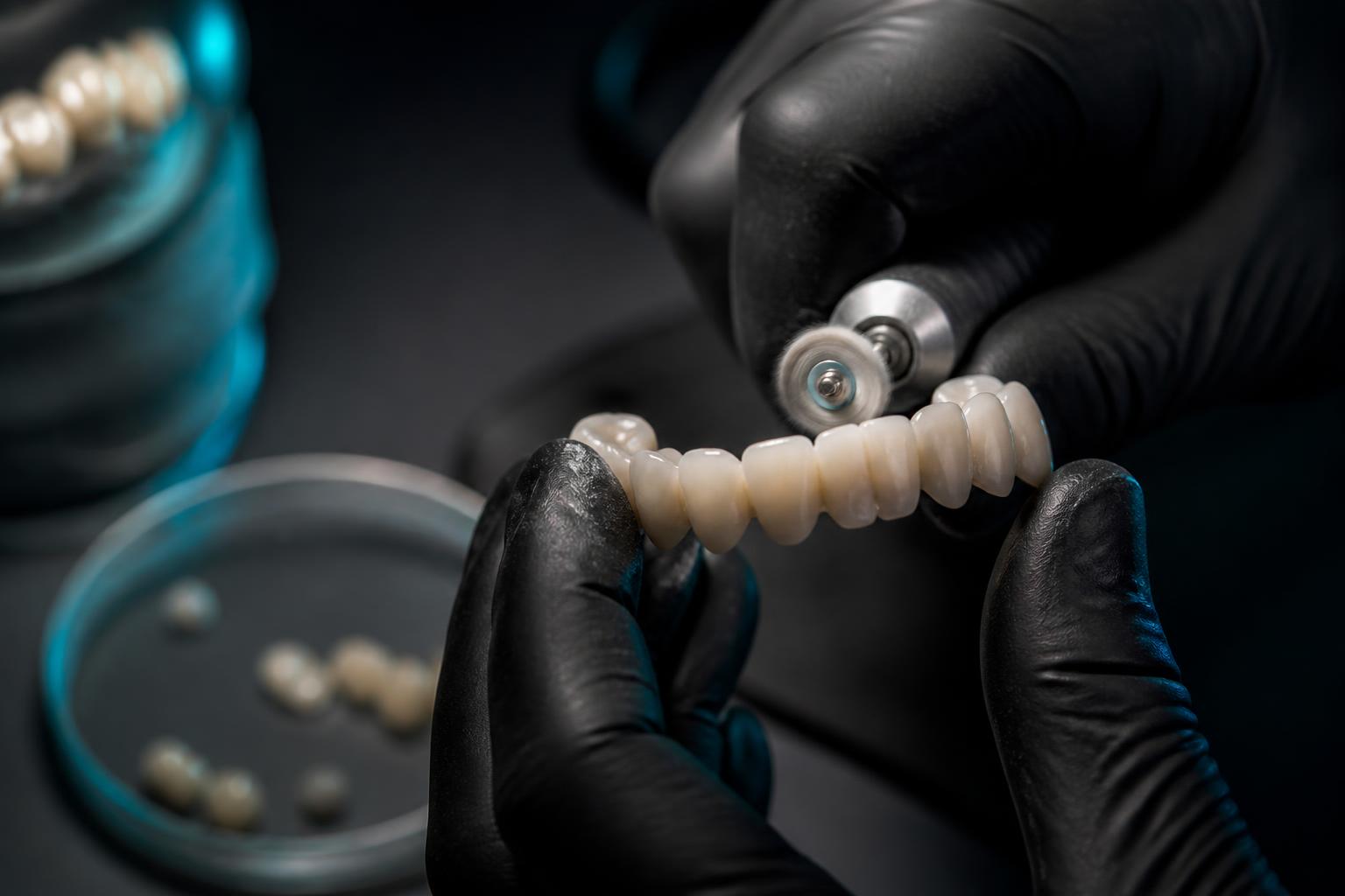 Technician polishing a premium full-arch dental restoration before final delivery
