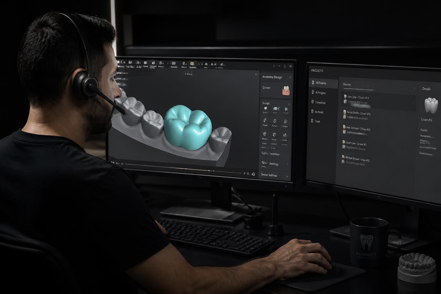 Dental designer reviewing a 3D crown design on screen while speaking with the doctor by headset