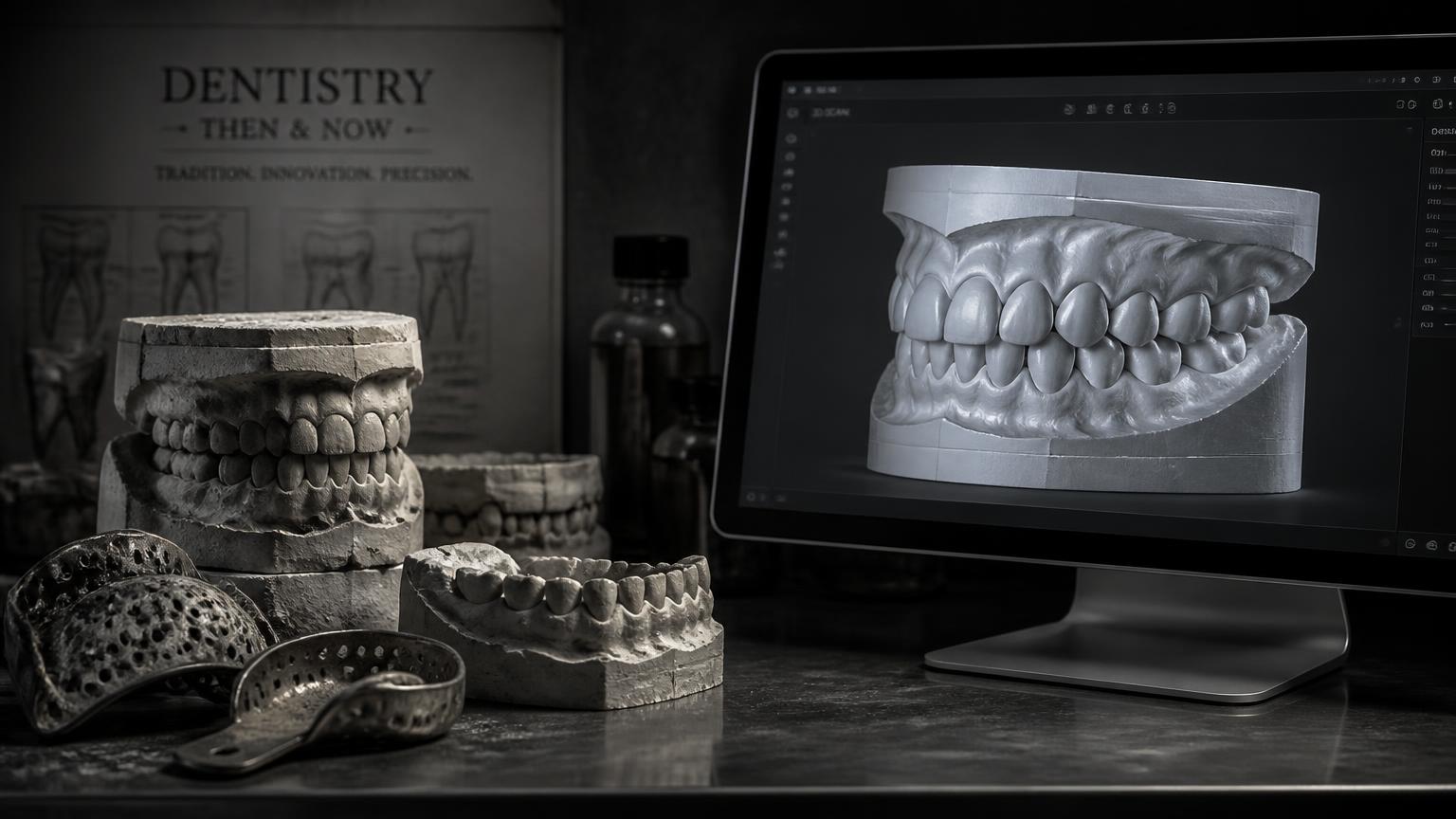 Dusty plaster stone dental models and impression trays beside a monitor showing a precise digital 3D dental scan