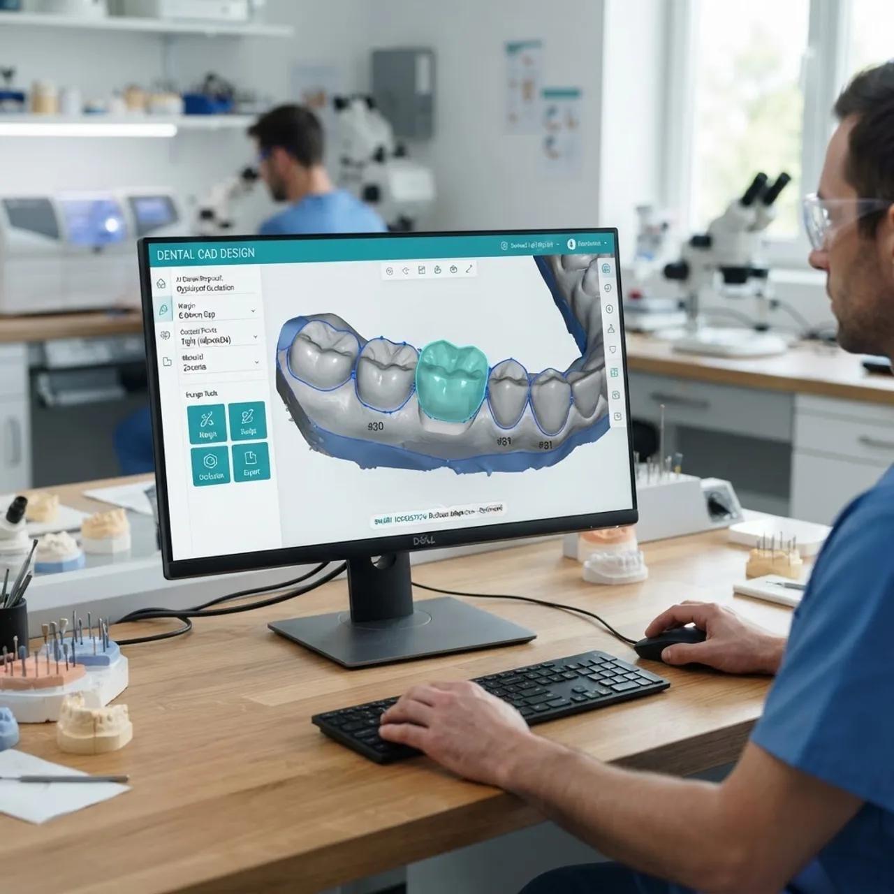 Dental technician using CAD software for dental design services in California.