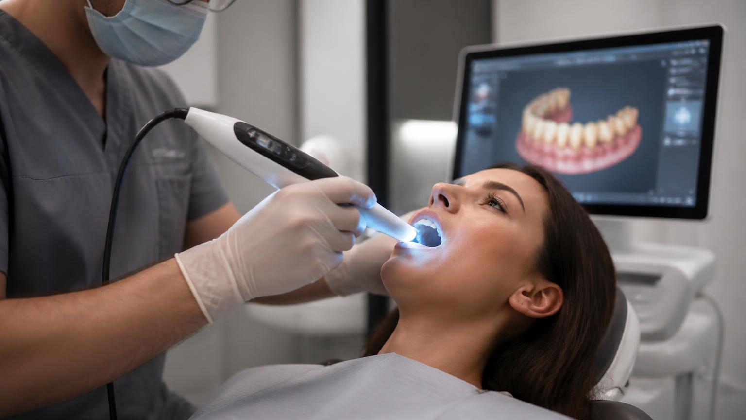 Dentist capturing a chairside intraoral scan while the digital arch model appears on the operatory monitor