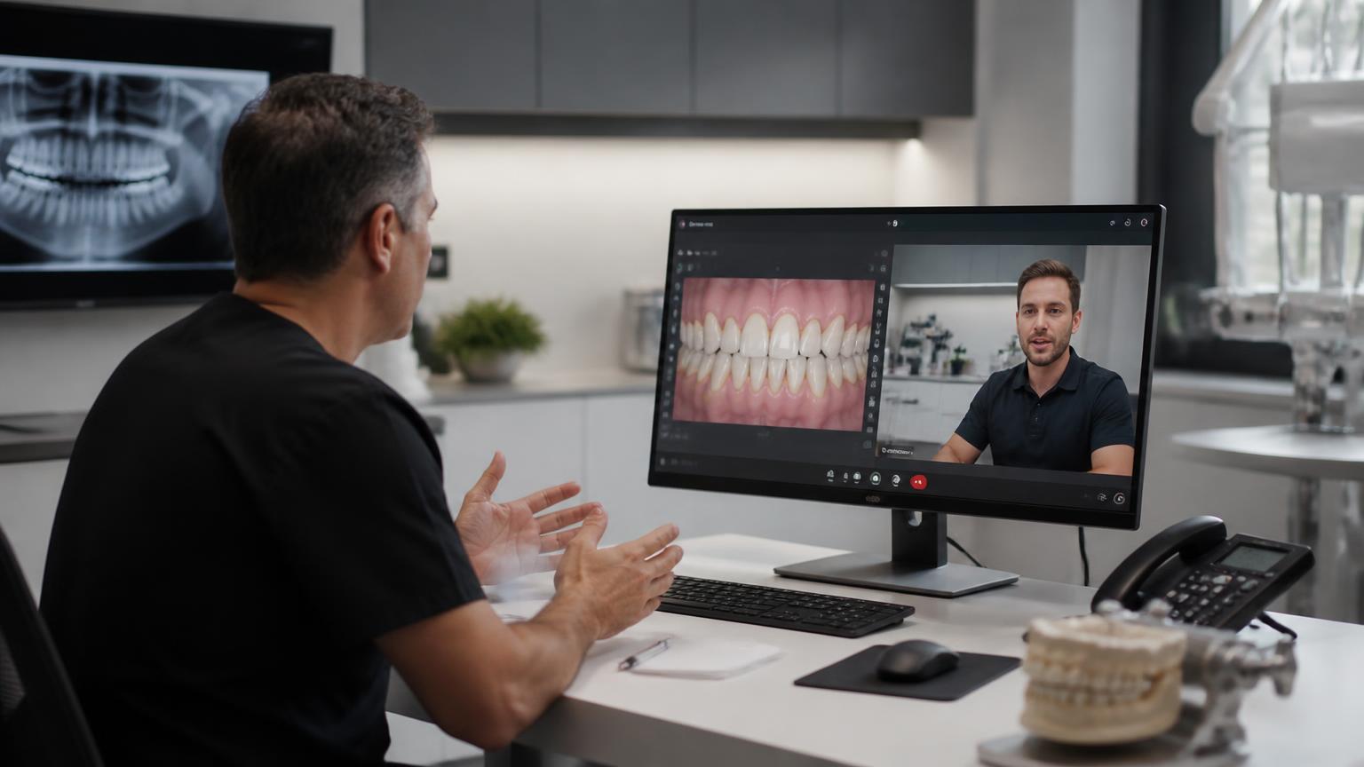 California dentist reviewing a full-arch case on a video call with a dental lab designer for direct designer communication
