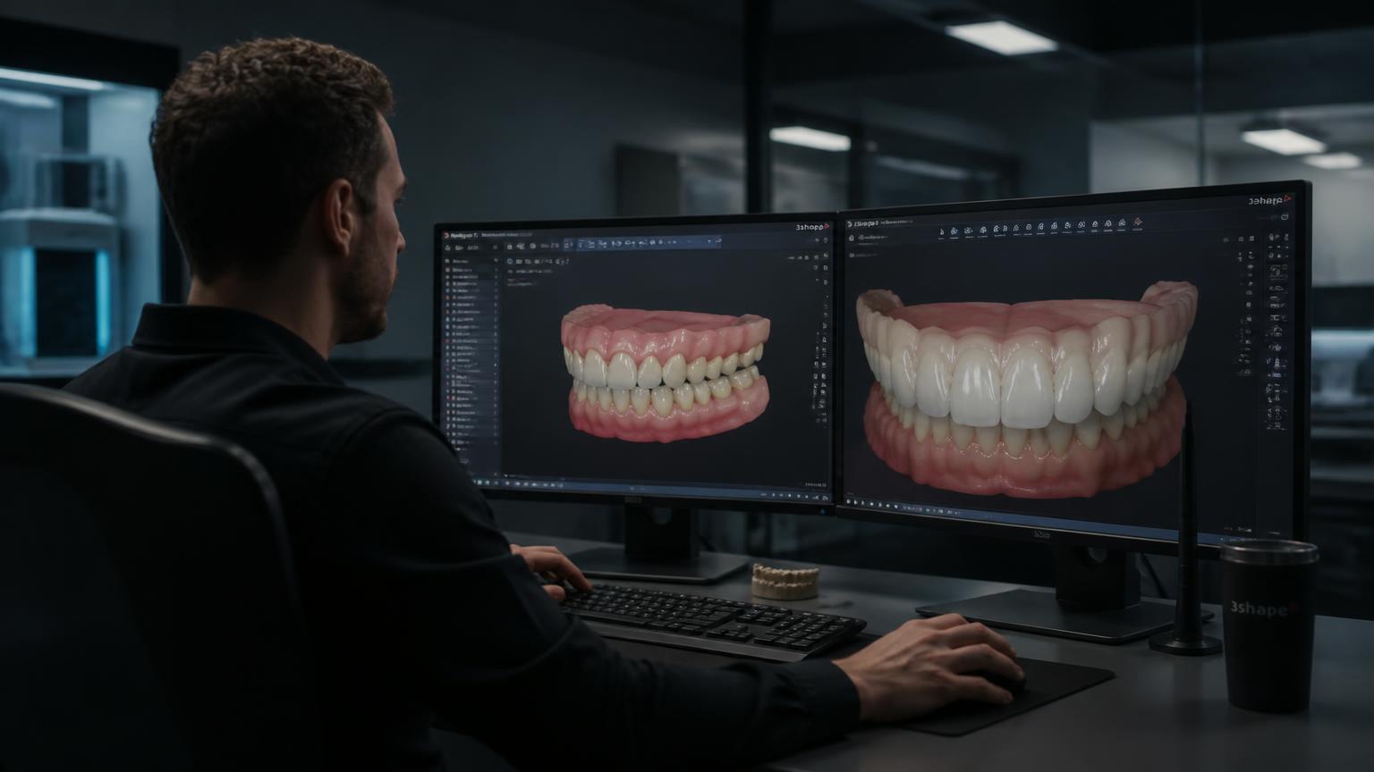 Digital dental designer reviewing a photo-real full-arch restoration design on a dual-monitor CAD workstation