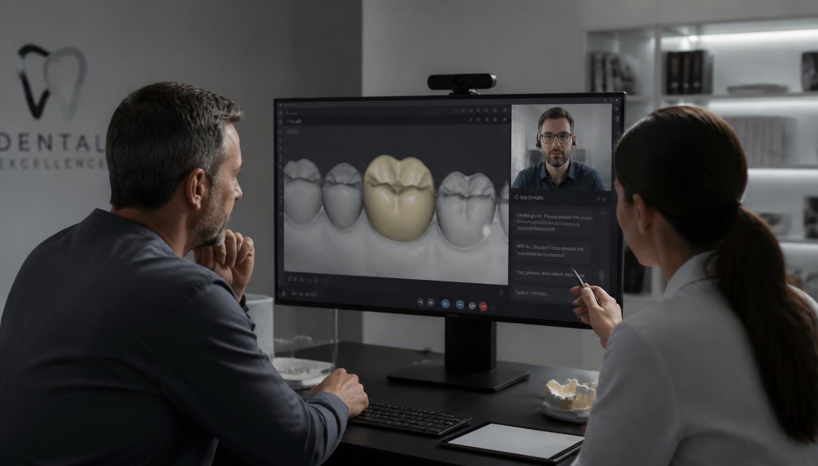 Dentist and dental lab designer reviewing a digital crown design together on a video call