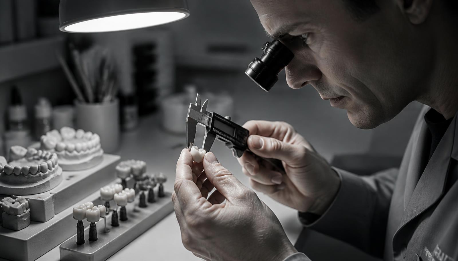 Dental laboratory technician inspecting a ceramic crown with calipers during quality control