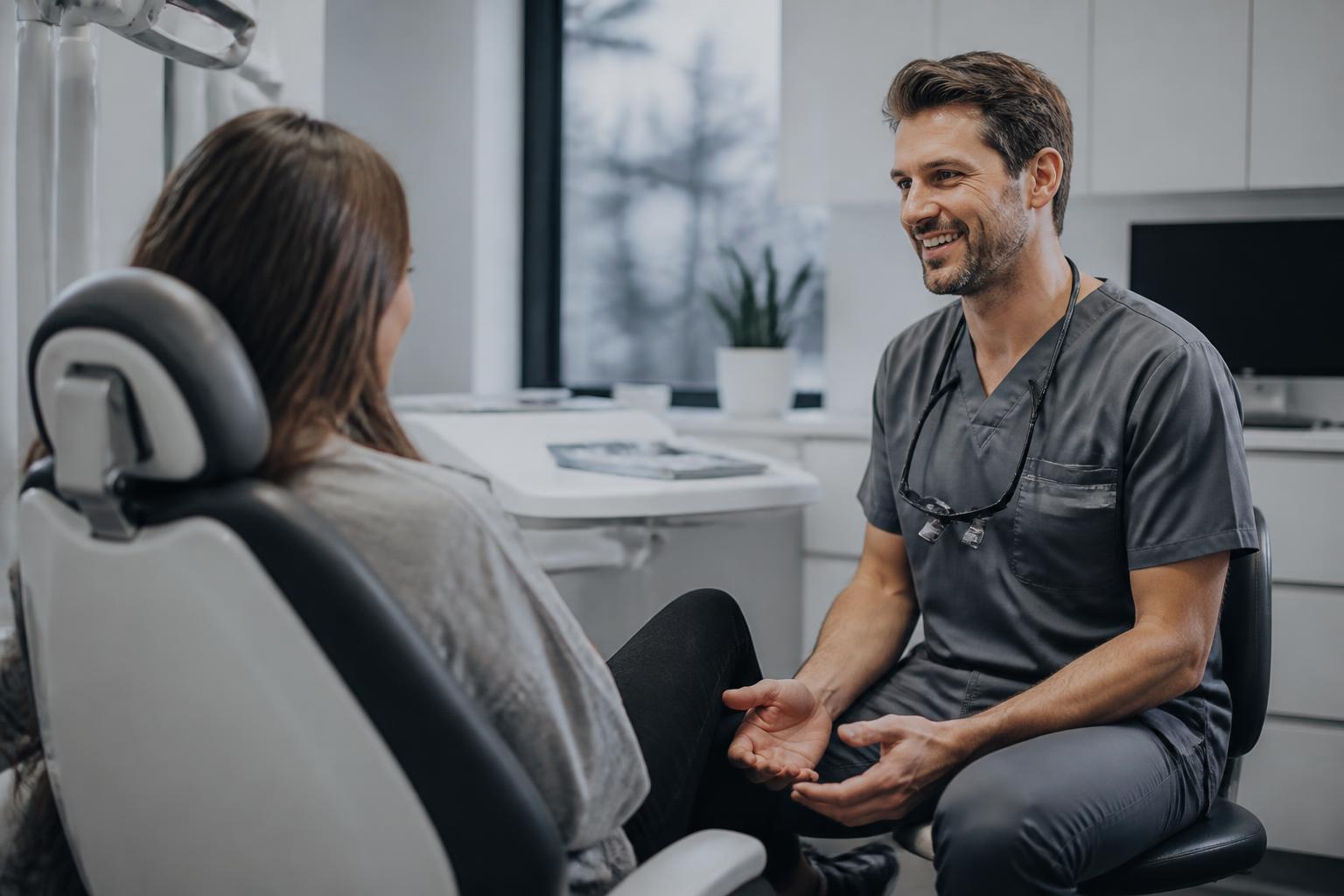 Dentist talking with a patient chairside in a modern operatory, freed from in-house design work