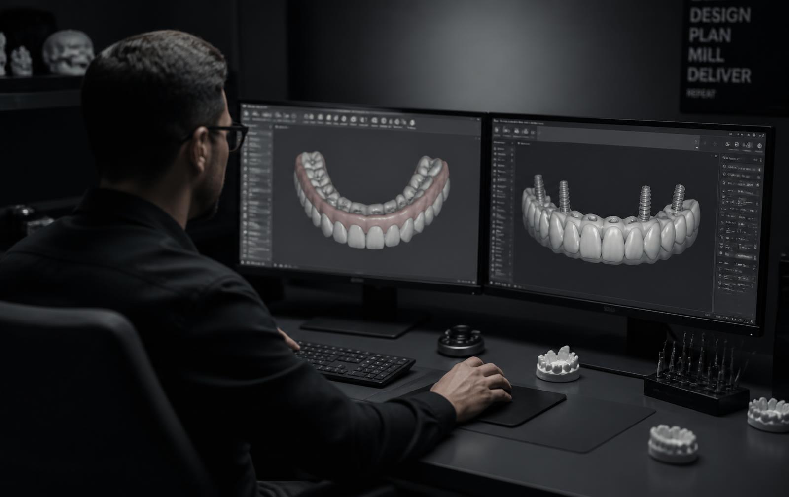 Digital dental designer creating a full-arch implant prosthesis on a dual-monitor CAD workstation