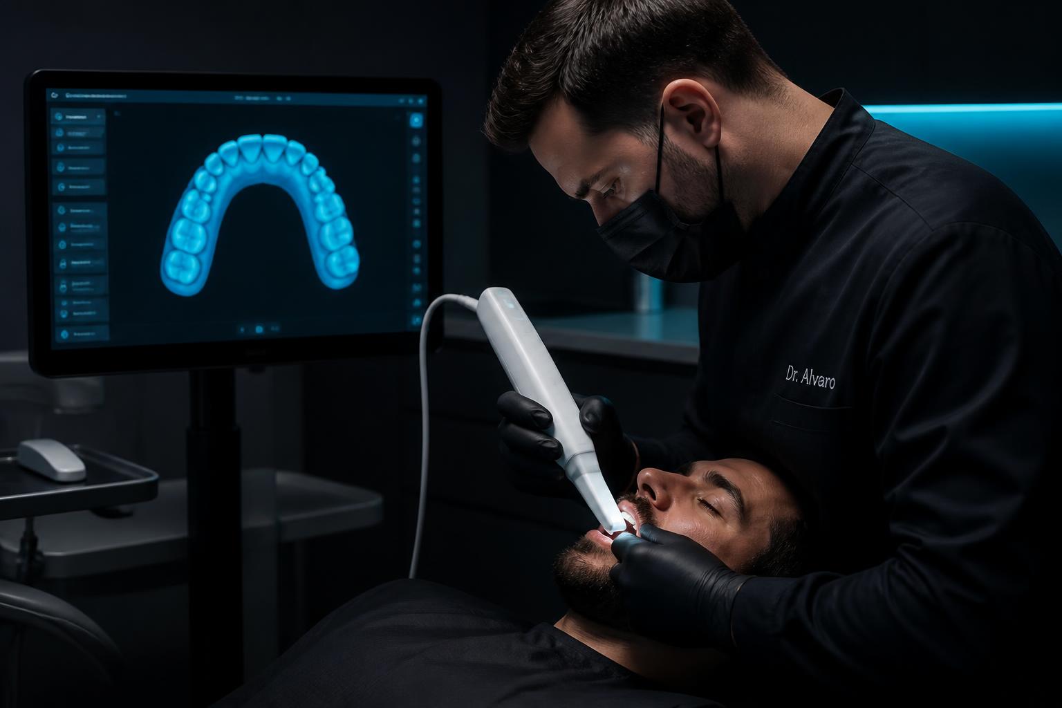 Dentist capturing a digital intraoral scan while the arch appears on a chairside monitor