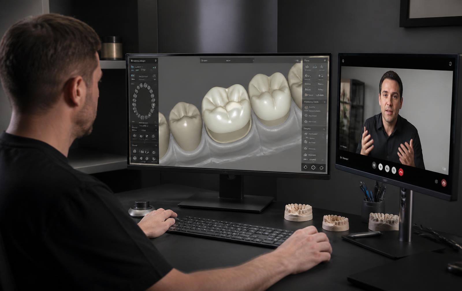 Digital dental designer reviewing a 3D crown design on a CAD workstation during a video call with the treating dentist