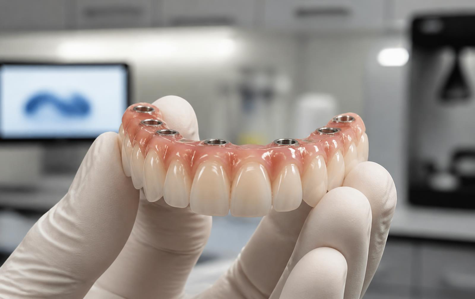 Finished full-arch implant-supported prosthesis held in gloved hands inside a digital dental laboratory