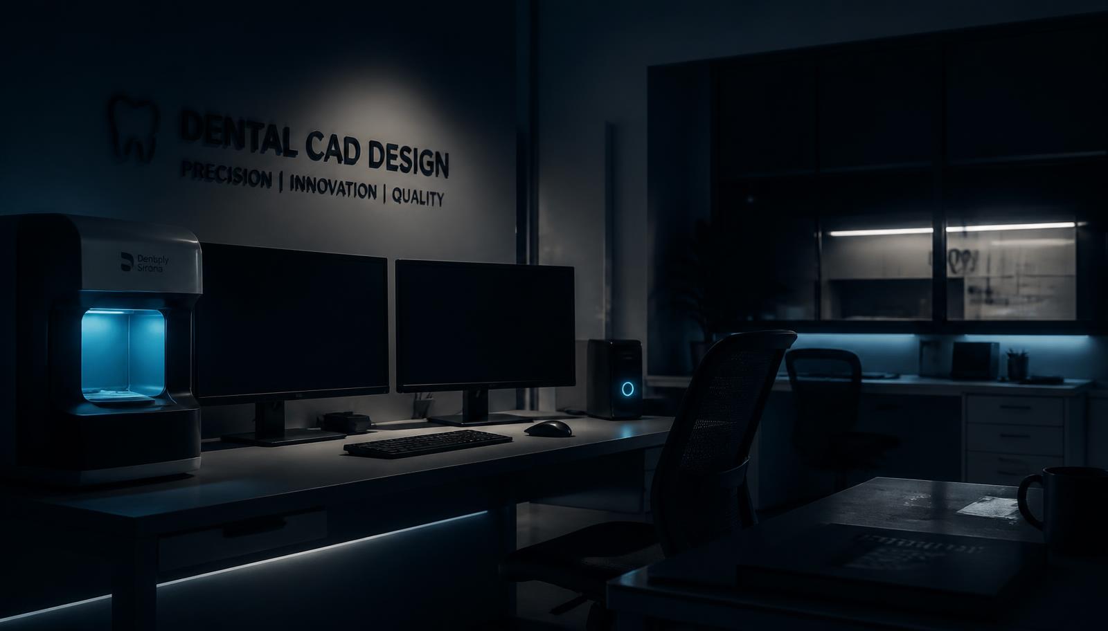 Empty dental CAD design workstation at night showing downtime when an in-house designer is unavailable