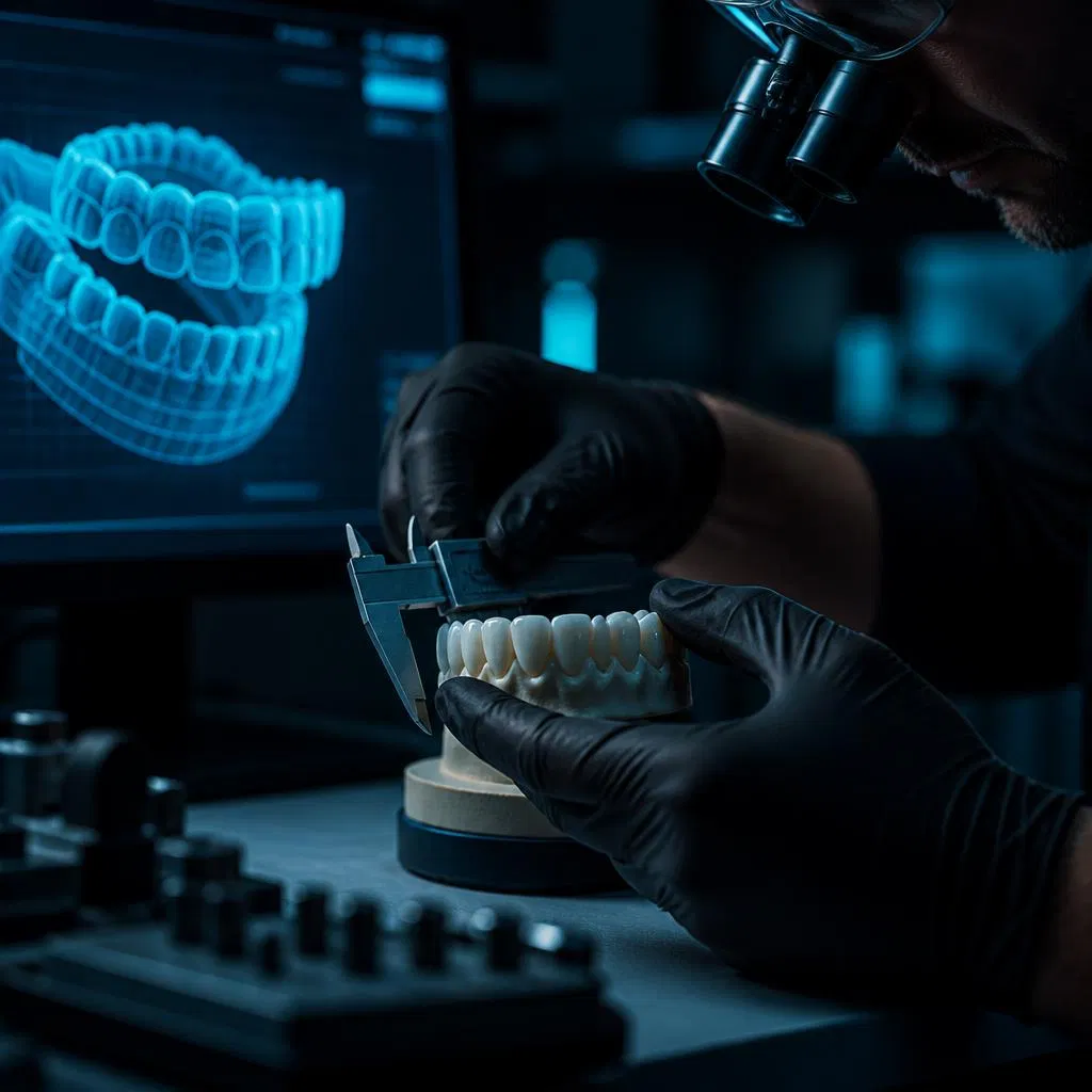 Dental technician measuring a restoration model with digital calipers for precision fit