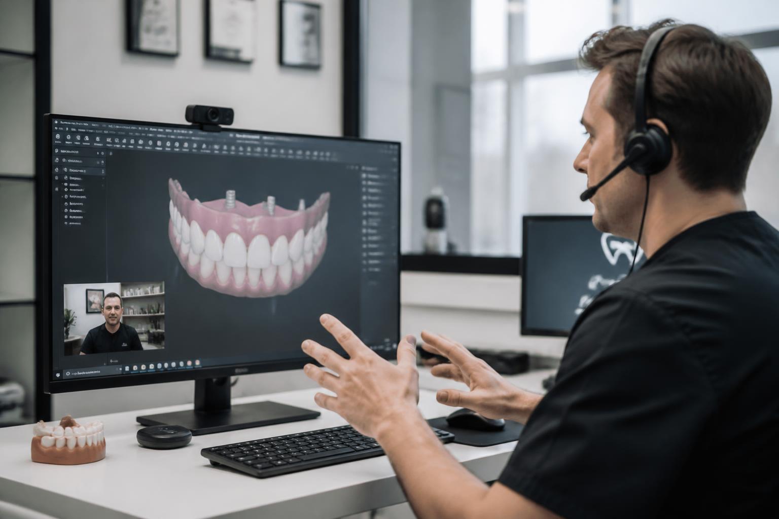 Dentist reviewing a full-arch digital design on a headset call directly with the designer handling the case