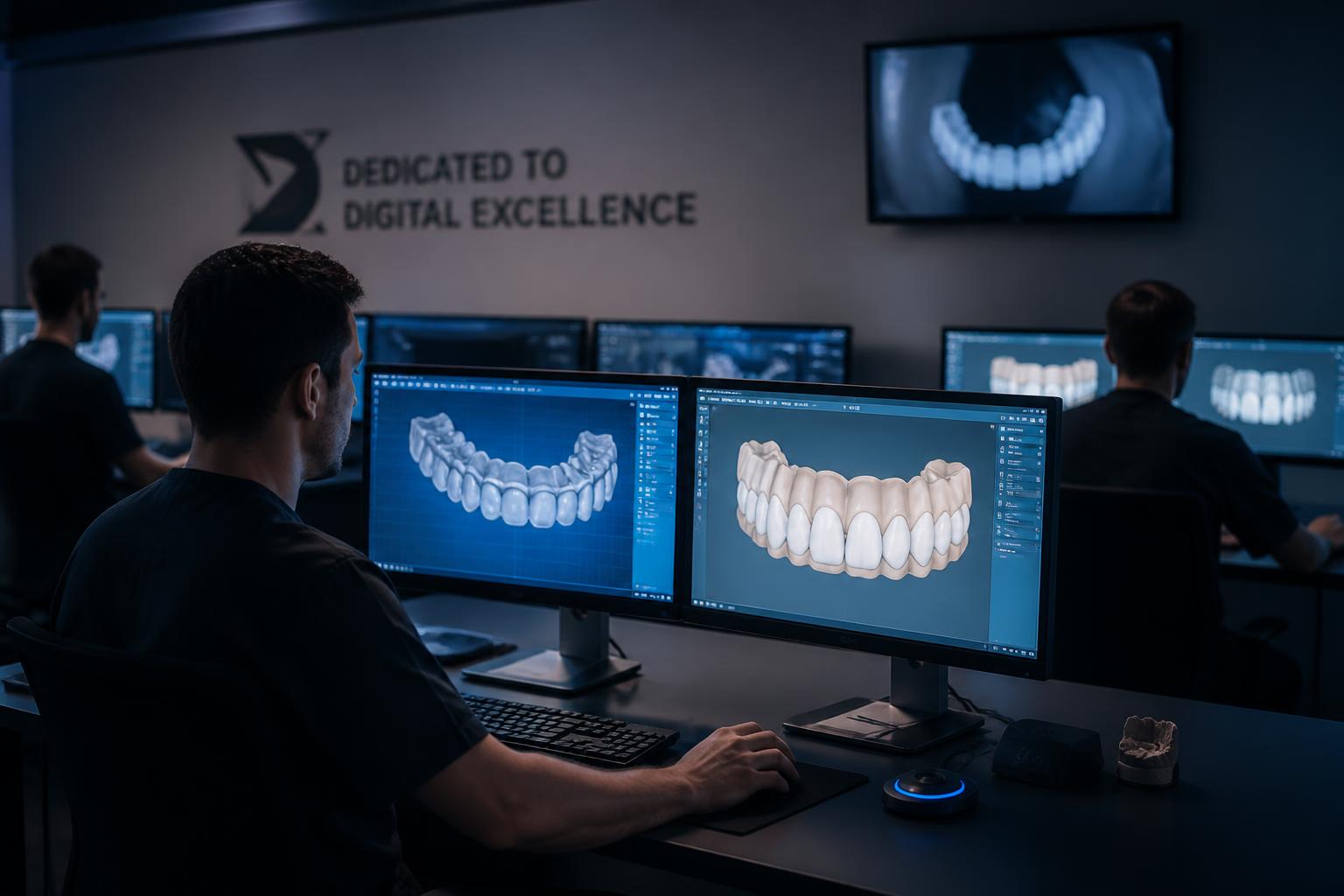 Dedicated dental CAD designers working full-arch restoration cases on dual-monitor workstations in a specialized design lab