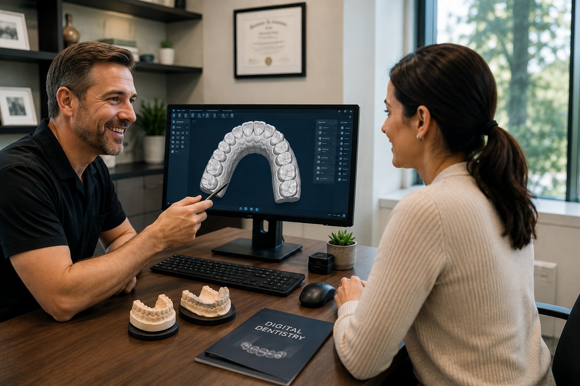 Digital dental conversion in California with a dental professional reviewing a 3D CAD model with a client.