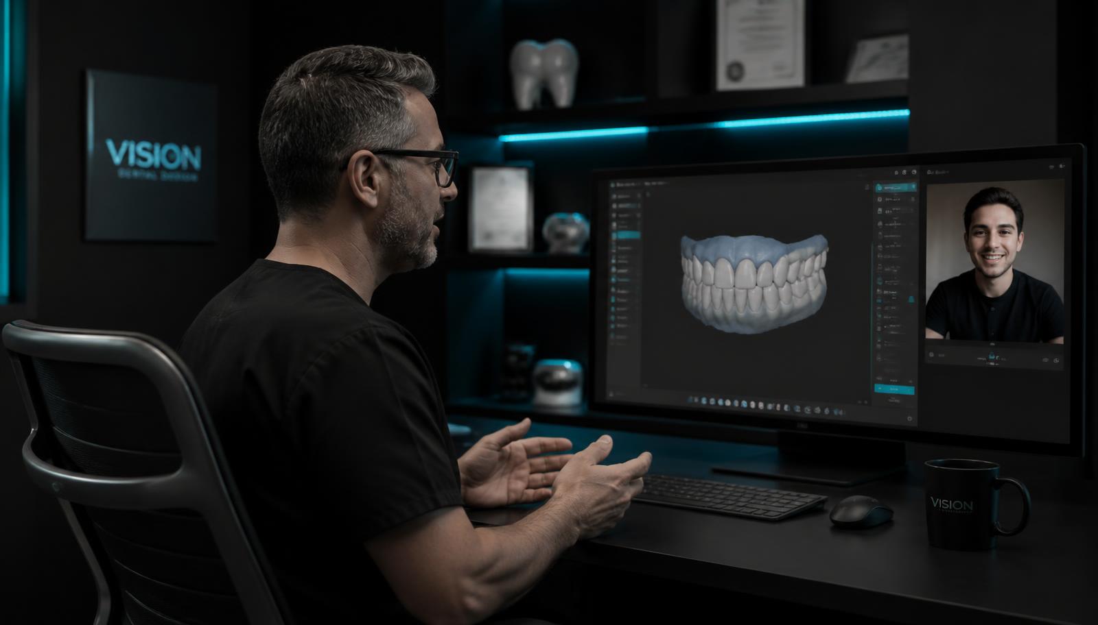 Dentist on a live video call with an outsourced dental designer reviewing a full-arch CAD design together