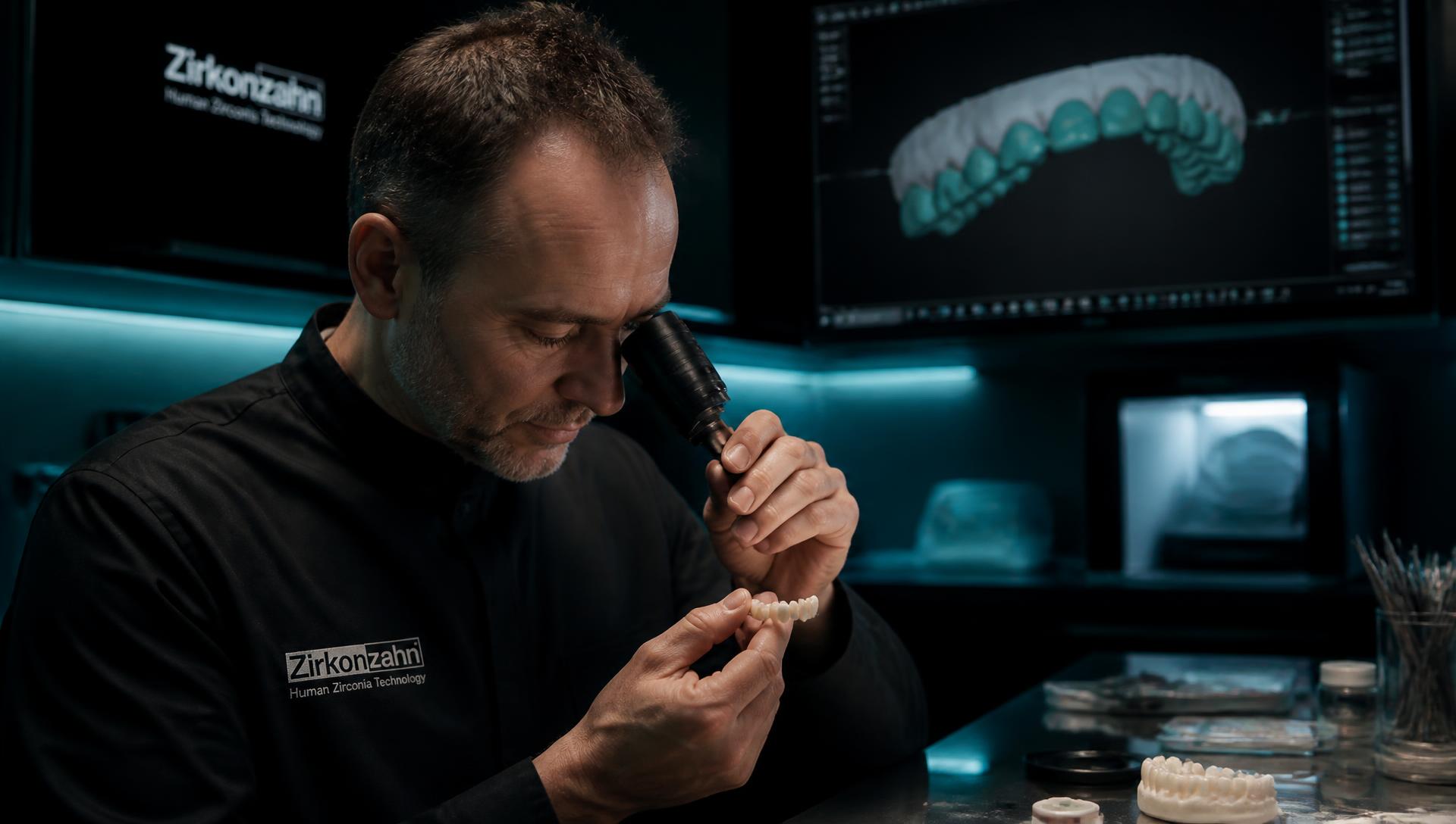 Experienced dental technician inspecting a zirconia restoration in a digital dental laboratory