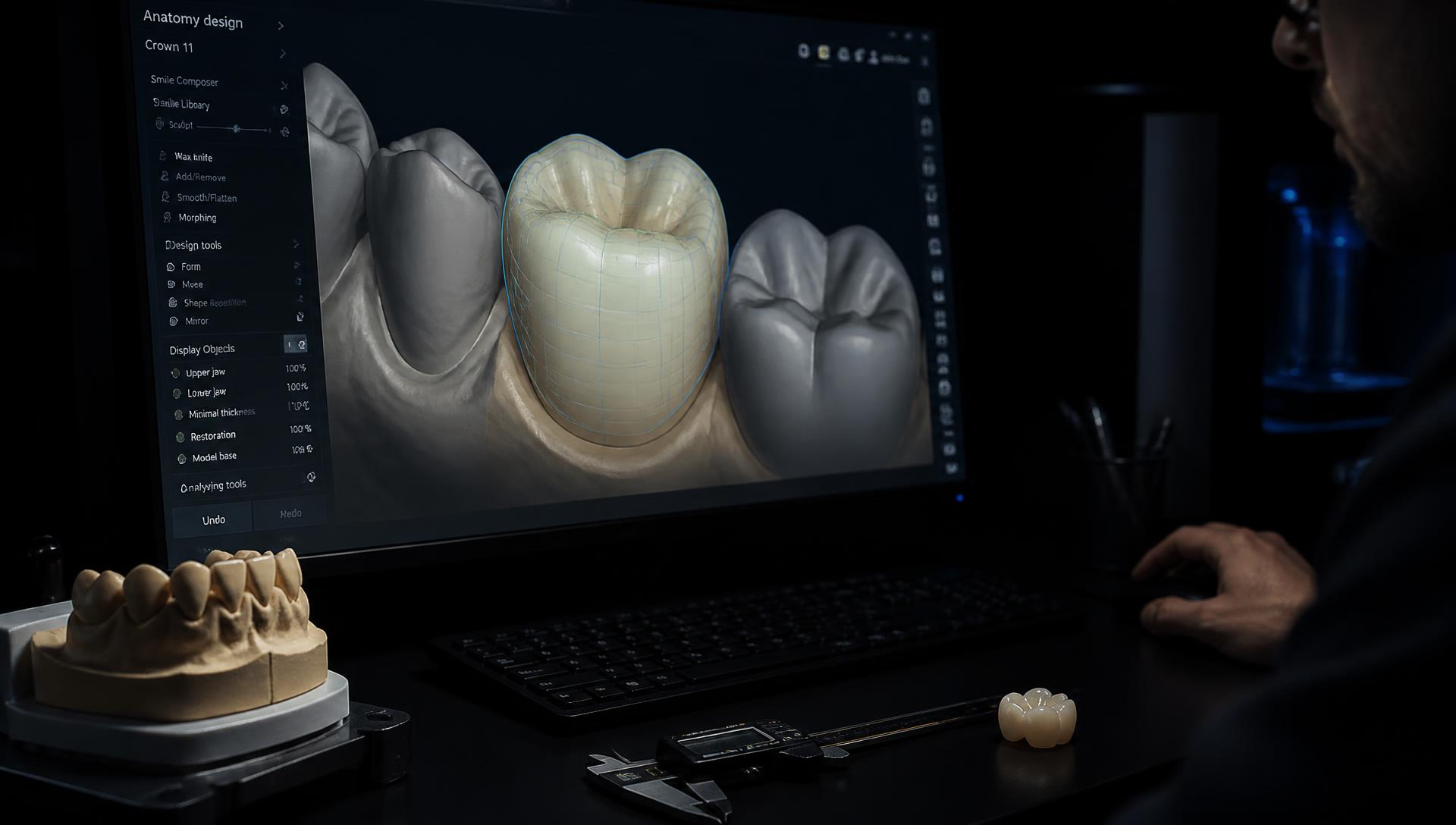 Dental CAD designer refining a digital crown with visible margin lines on screen