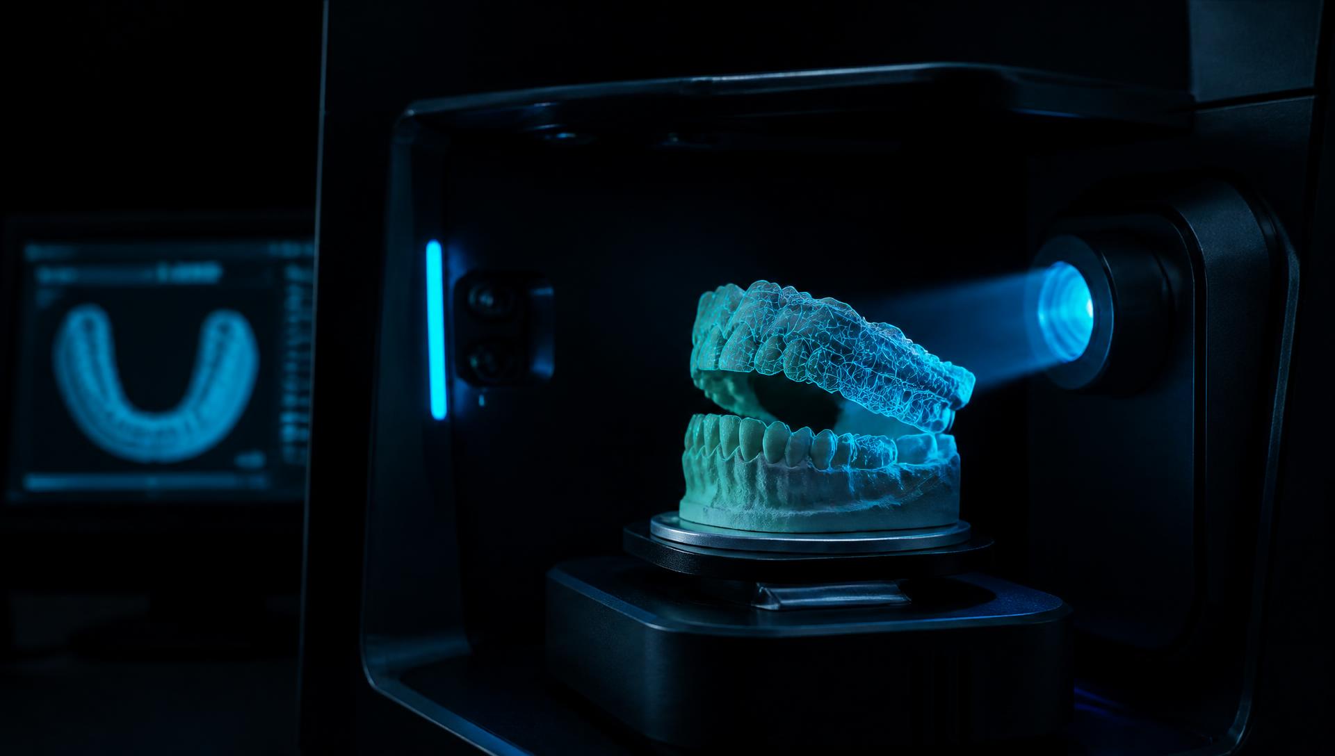 Stone dental model inside a lab 3D scanner being converted into a digital file in California