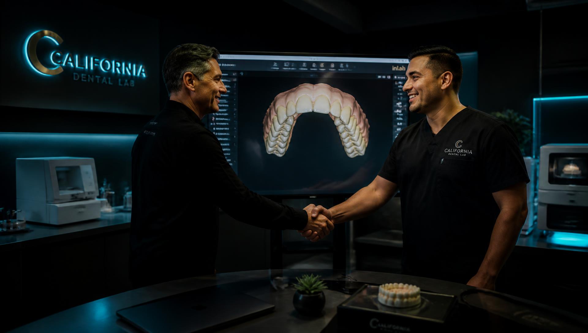 Dentist and dental lab partner reviewing a digital case together in a California dental laboratory