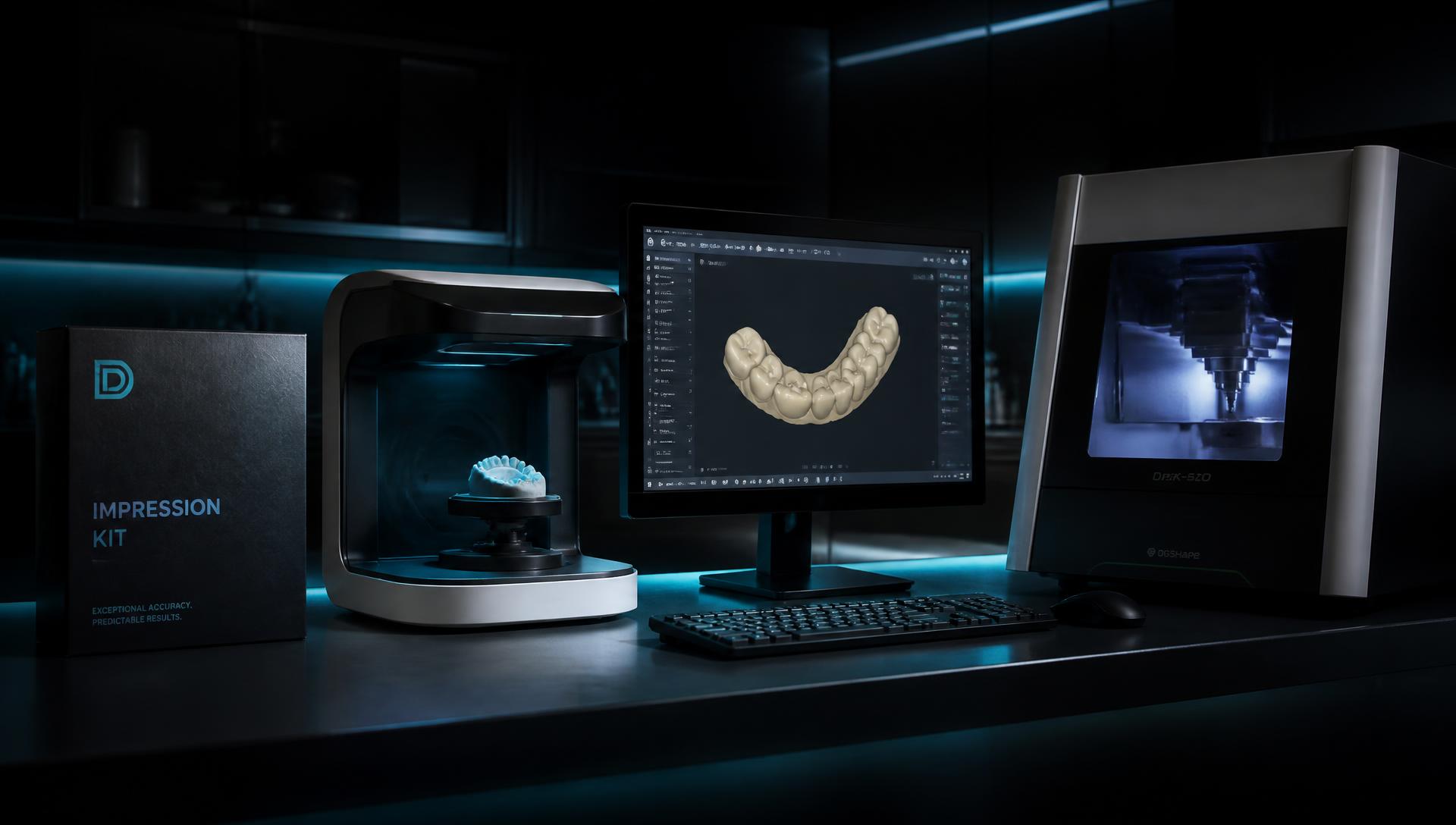 Dental lab workflow showing impression case, lab scanner, CAD screen, and milling unit