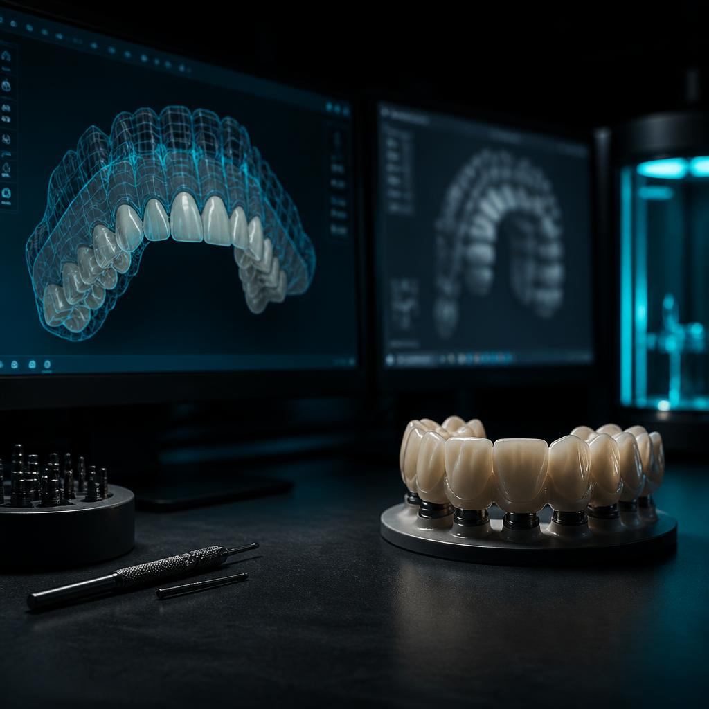 Dental CAD monitor showing a full-arch restoration redesign wireframe beside a milled prosthesis on a lab bench