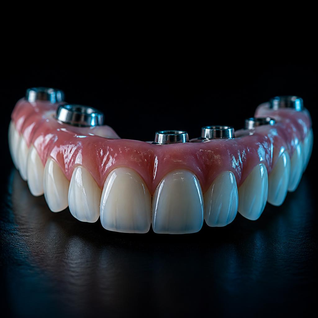 Finished full-arch dental prosthesis with polished zirconia teeth and lifelike gingiva