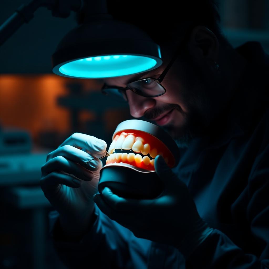 Dental technician hand-finishing a premium full-arch dental prosthesis in a laboratory