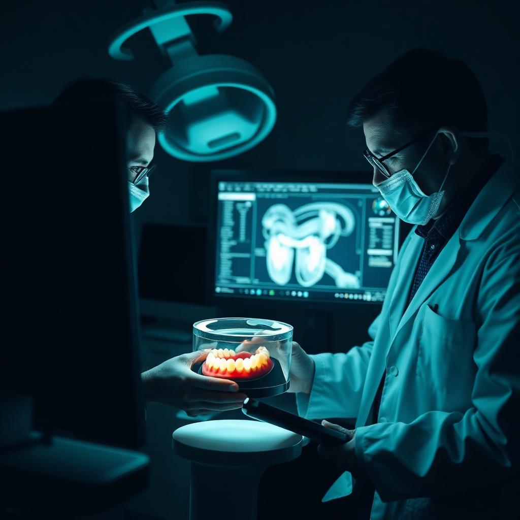 Dentist and dental lab designer reviewing a finished prosthesis beside a CAD monitor