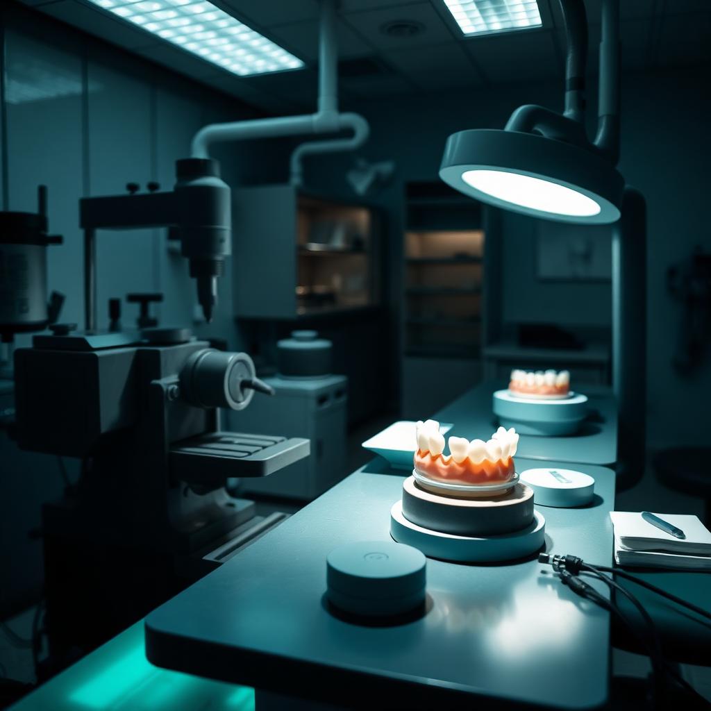 Dental laboratory production bench with milling and polishing stations for prosthetic cases