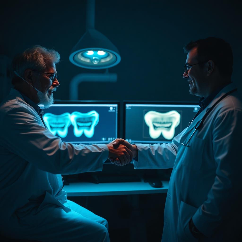 Dentist and dental laboratory designer collaborating on a restorative case beside CAD monitors