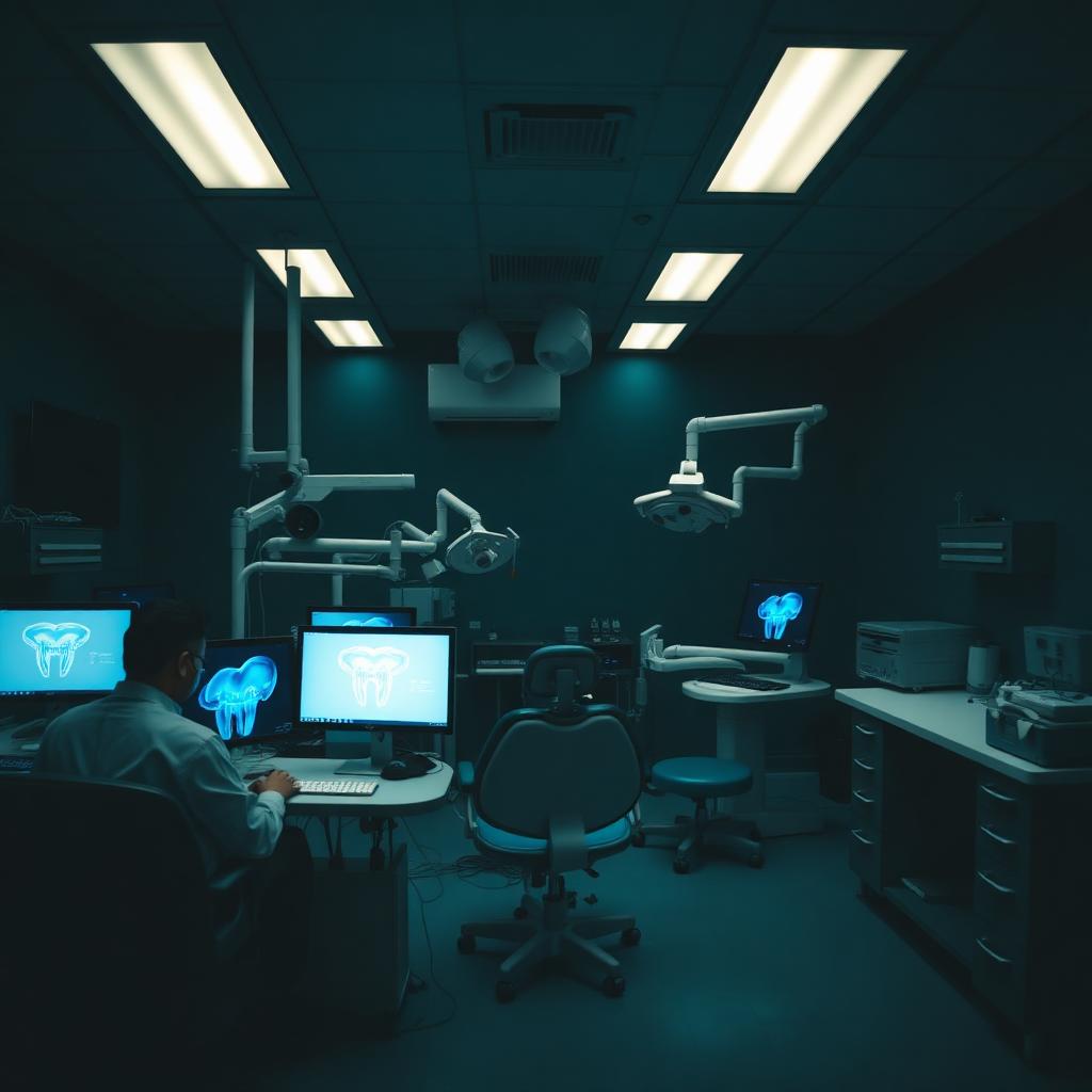 Digital dental laboratory with technicians designing restorations on CAD workstations