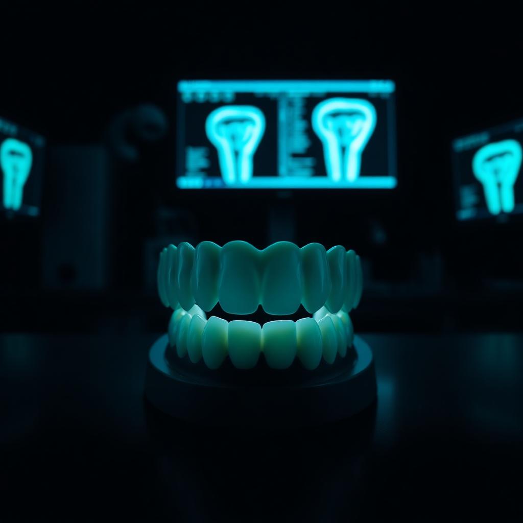 Premium full-arch zirconia restoration on a lab bench with CAD design monitors in a full service dental laboratory