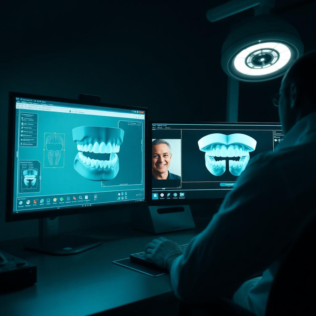 Dental designer on a live screen-share session with a clinical team reviewing a full-arch case