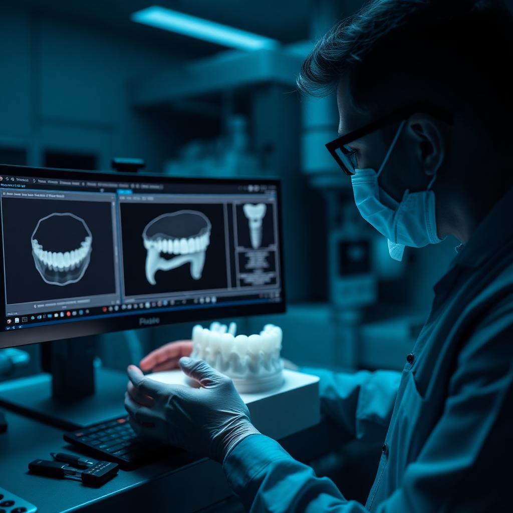 Dental technician refining a full-arch implant provisional design in CAD software