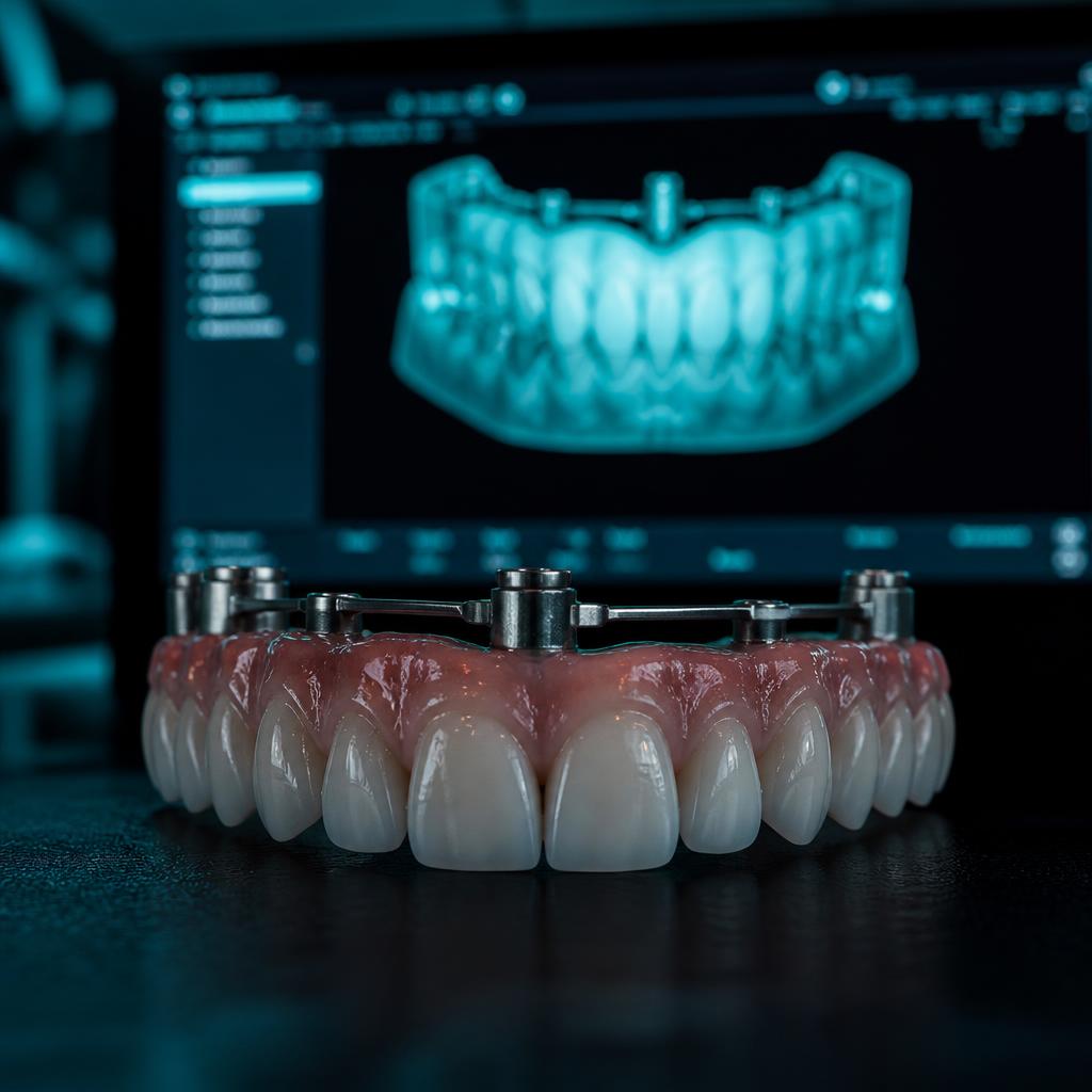 Same-day All-on-X immediate load provisional prosthesis on a titanium bar with CAD design monitor in the background