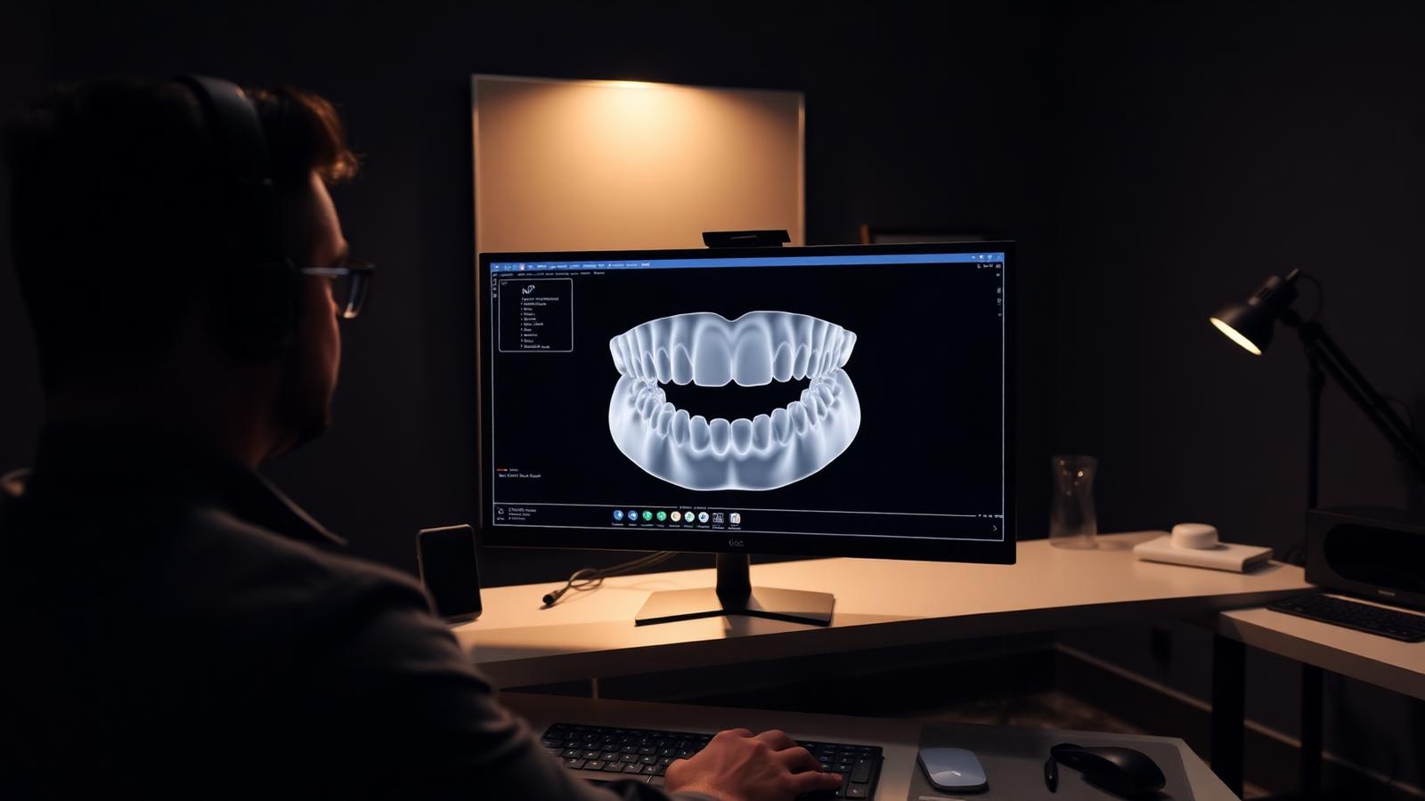 Dental designer on a live screenshare refining a full-arch provisional design during an immediate-load case