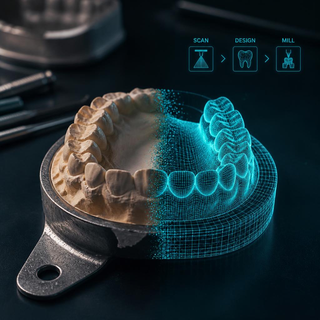 Analog plaster impression transitioning into a digital 3D dental mesh, Dental Restoration Design in Ceres, CA