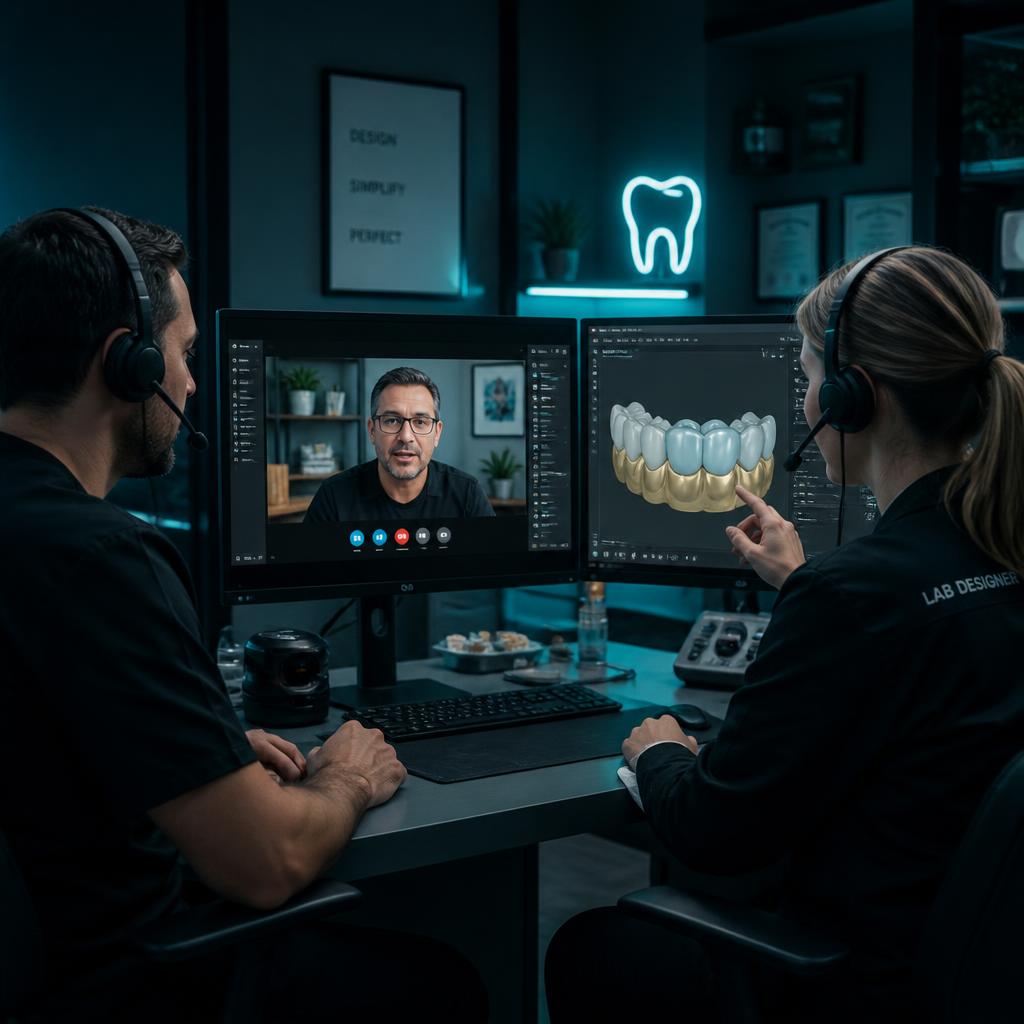 Dentist and lab designer reviewing a digital dental case together on screen, Dental Restoration Design in Ceres, CA