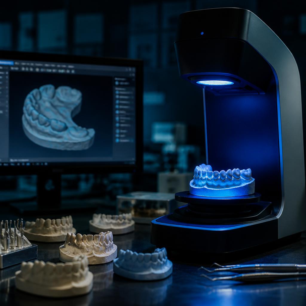 Stone dental models beside a lab scanner converting existing cases into editable digital files, Dental Restoration Design in Ceres, CA