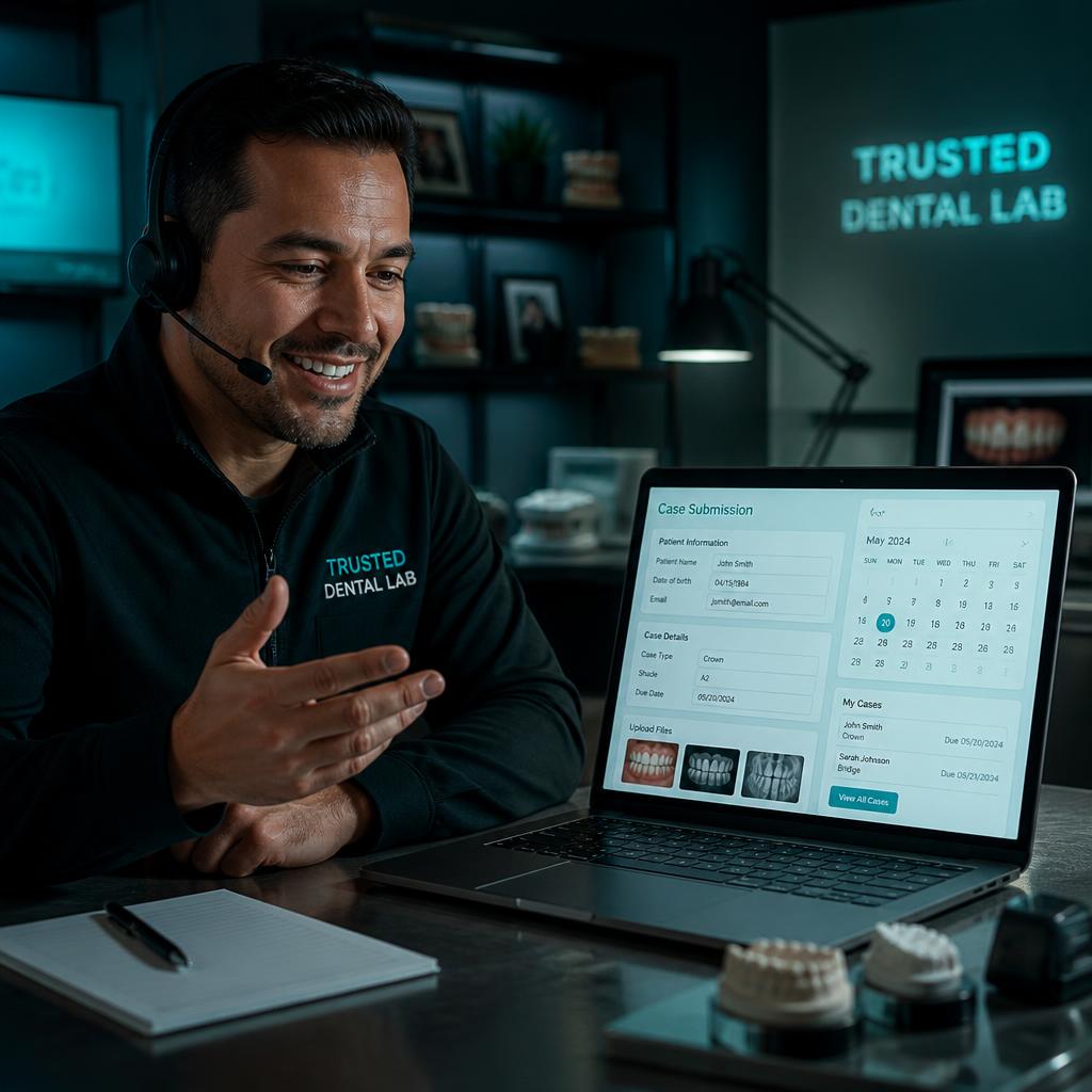 Dental lab consultant discussing a new digital case submission by phone, Dental Restoration Design in Ceres, CA