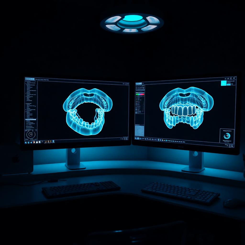 Dual CAD monitors showing a full arch digital dental design, Analog to Digital in Ceres, CA