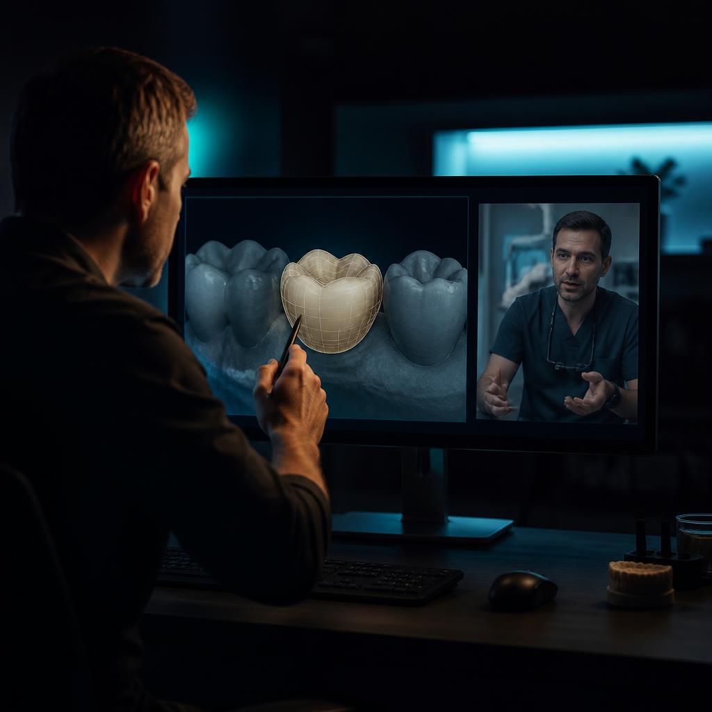 Dental designer reviewing a 3D crown design with a dentist during a collaborative video consultation