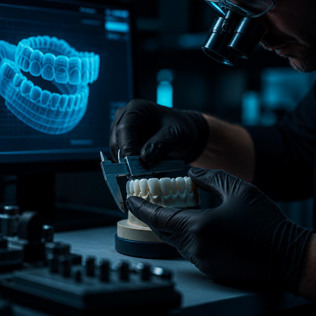 Dental technician evaluating margins and occlusion on a full-arch restoration beside a CAD design monitor