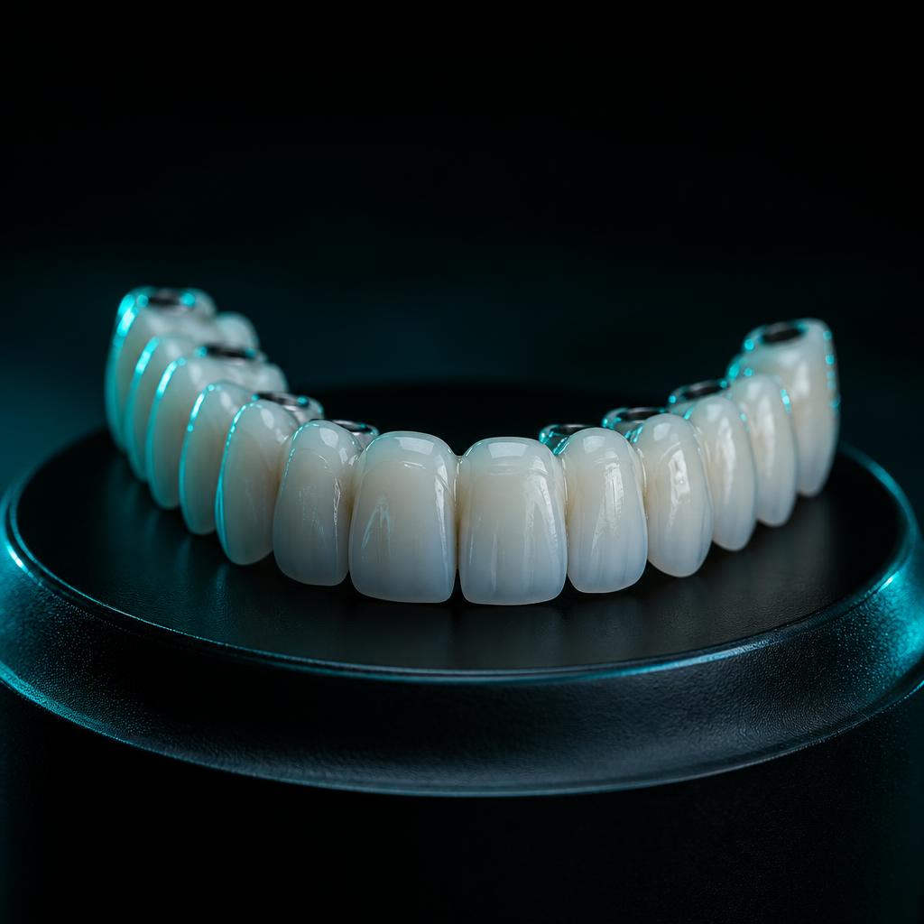 Finished polished full-arch zirconia dental prosthesis on a display stand