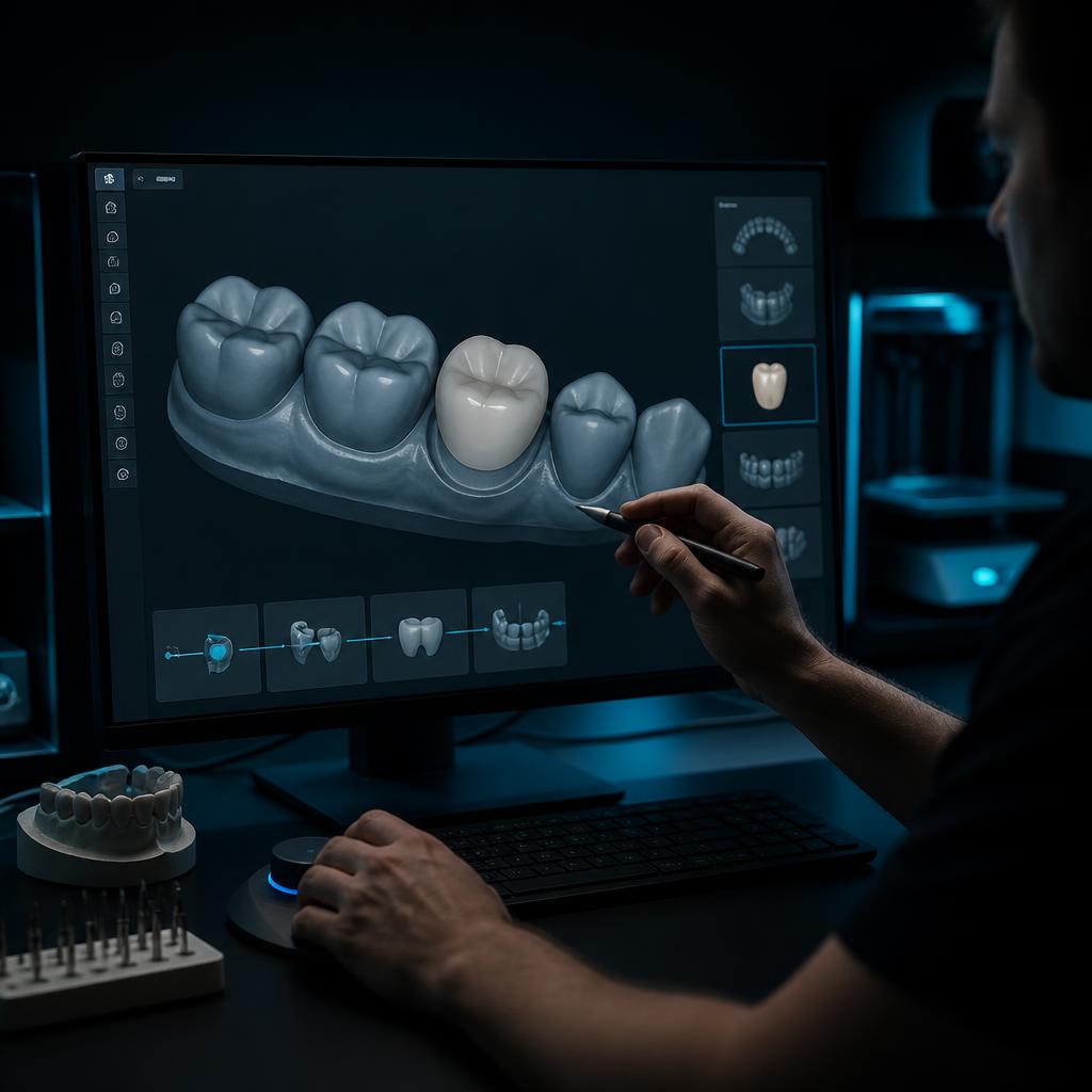 Technician refining a digital dental restoration design in CAD software on a large monitor