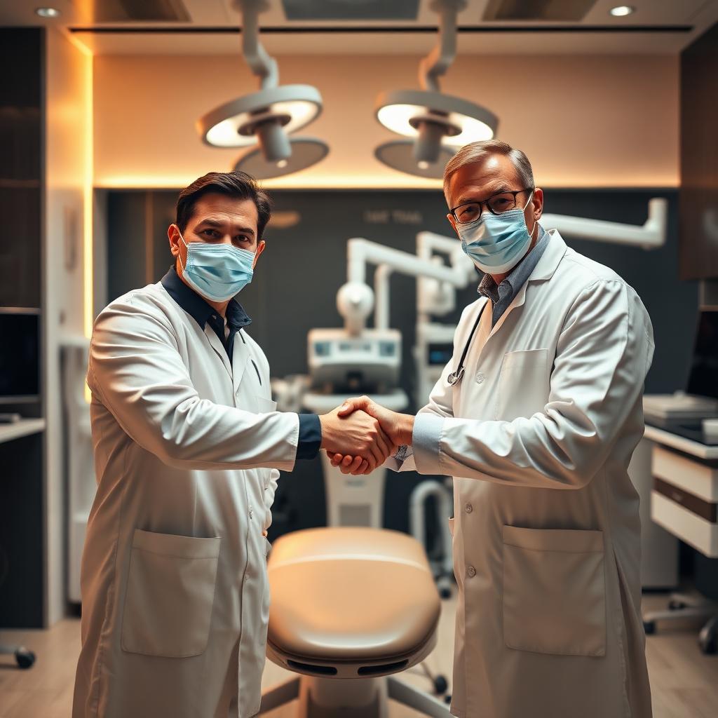 Two dental professionals shaking hands in a modern digital dental laboratory