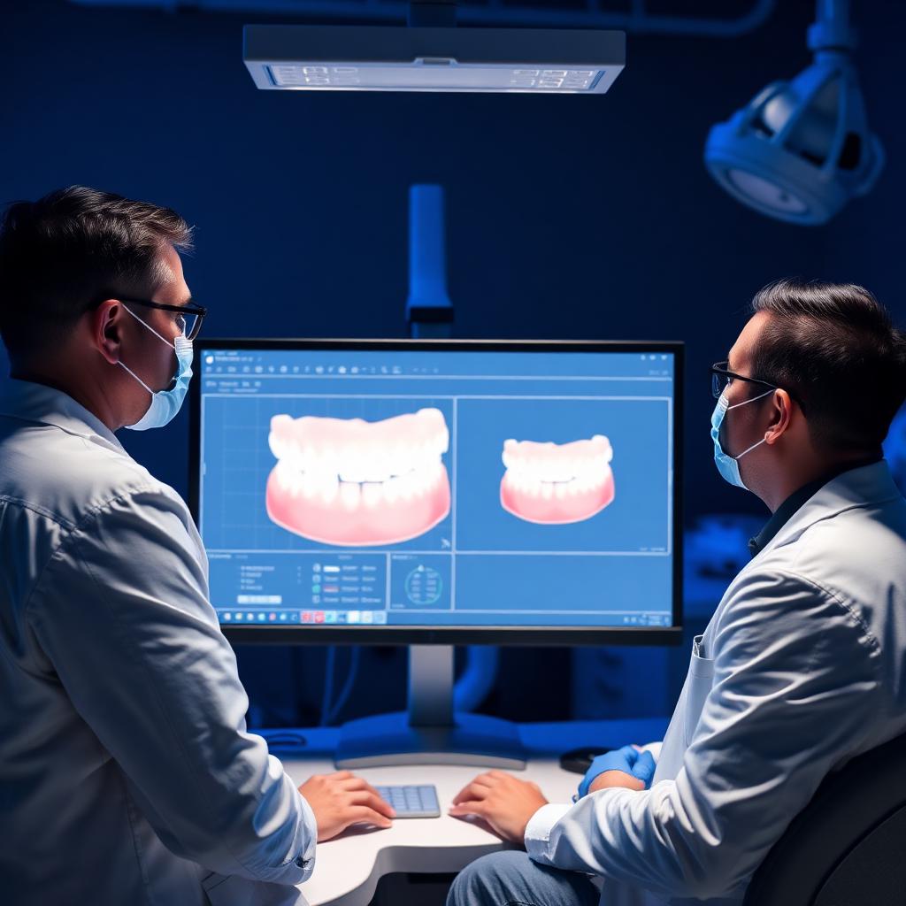 Dental lab consultant reviewing a digital CAD design with a dentist on a monitor