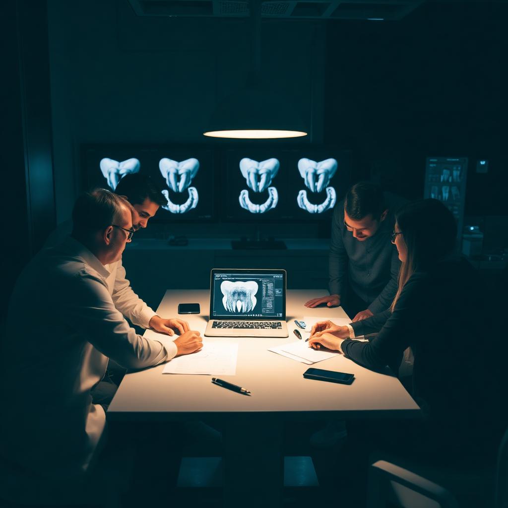 Dental team reviewing digital case planning together around a laptop