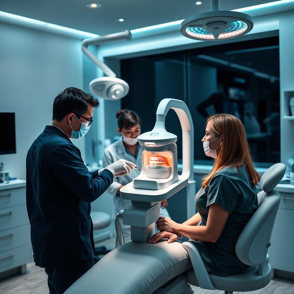 Dental instructor coaching a clinical team at an intraoral scanner workstation